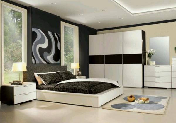 חדר שינה ריהוט ארונות לבנים מופשט קיר אמנות שטיח לילה