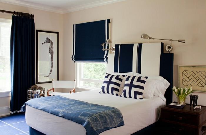 עיצוב חדר שינה חלון פרטיות מסך פרטי וילונות רומאיים וילונות כחולים כהים