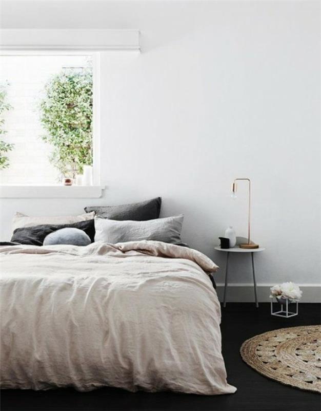 עיצוב חדר שינה שטיח עגול חלון ריצוף כהה