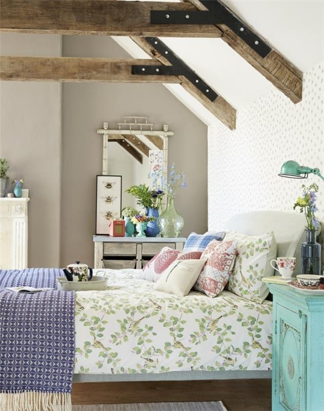 עיצוב חדר שינה מצעים יפים לזרוק כריות קורות עץ
