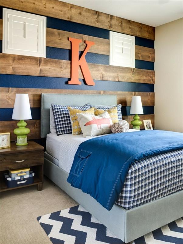 חדר שינה רעיונות עיצוב קיר לוחות קיר מעץ מבטא כחול