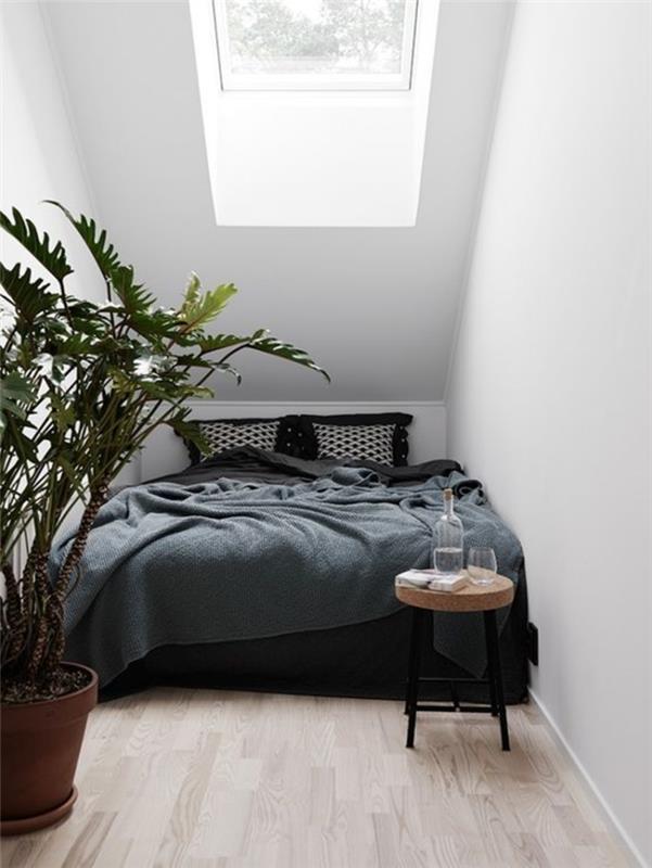 חדר שינה מיטה בצבע שחור כהה גג משופע שולחן צד צמחי