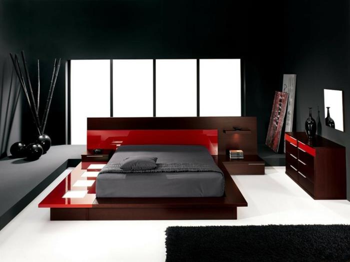 חדר שינה שחור לבן רצפה אדומה משטחי מראה קישוט