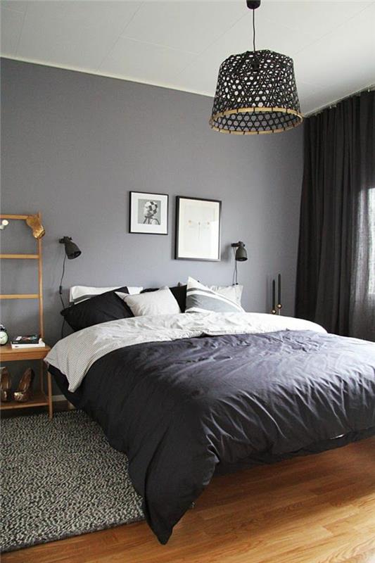 עיצוב חדר שינה עיצוב מנורה תלויית כיסוי מיטה בקיר אפור