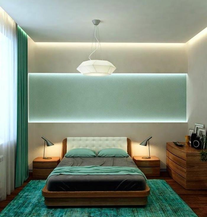 עיצוב חדר שינה ניואנסים ירוקים בעיצוב גיאומטרי