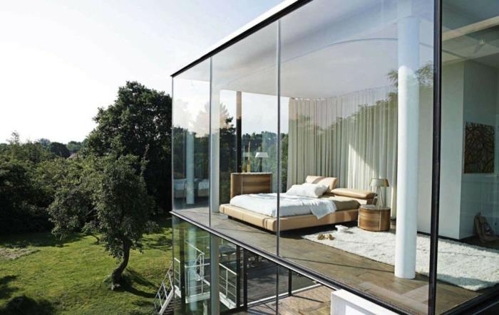 עיצוב חדר שינה עיצוב מיטה מרופדת מסגרת פנורמה חלון ארכיטקטורה מודרנית