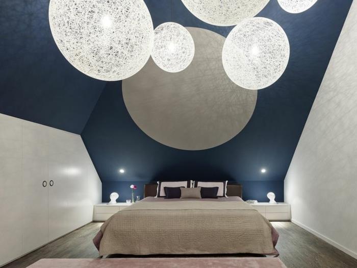 עיצוב חדר שינה עיצוב מודרני צורות גיאומטריות עגולות תליון עגולות