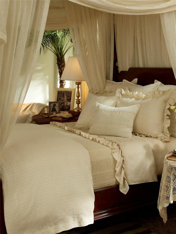 עיצוב חדר שינה מיטת אפיריון רומנטית מיטת תחרה לבנה מעץ מלא