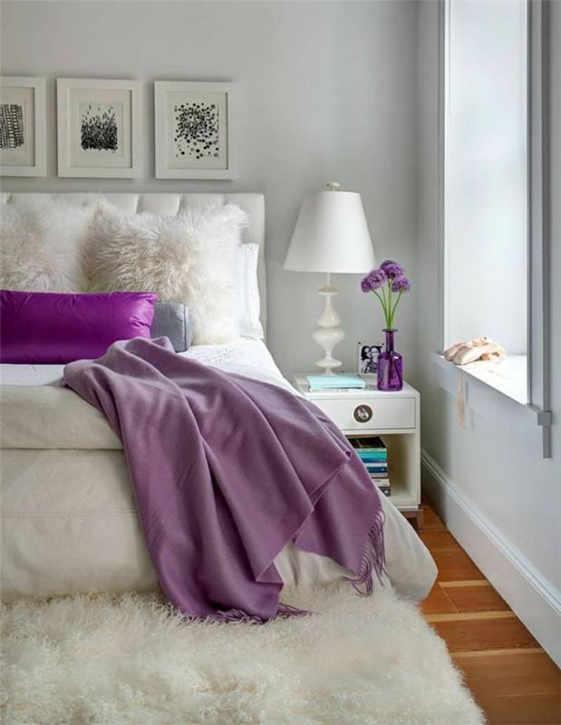 עיצוב חדר שינה שטיח פרווה כרית פרווה לבנה שמיכת צמר סגול כריות לזרוק