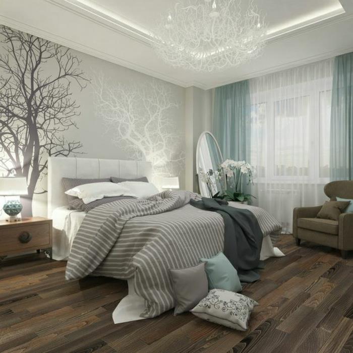 עיצוב חדר שינה בצבע קיר אפור בהיר במראה עץ למינציה מפוסקת