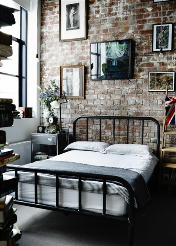 עיצוב חדר שינה מיטת מתכת עיצוב גברי קיר לבנים פתוח