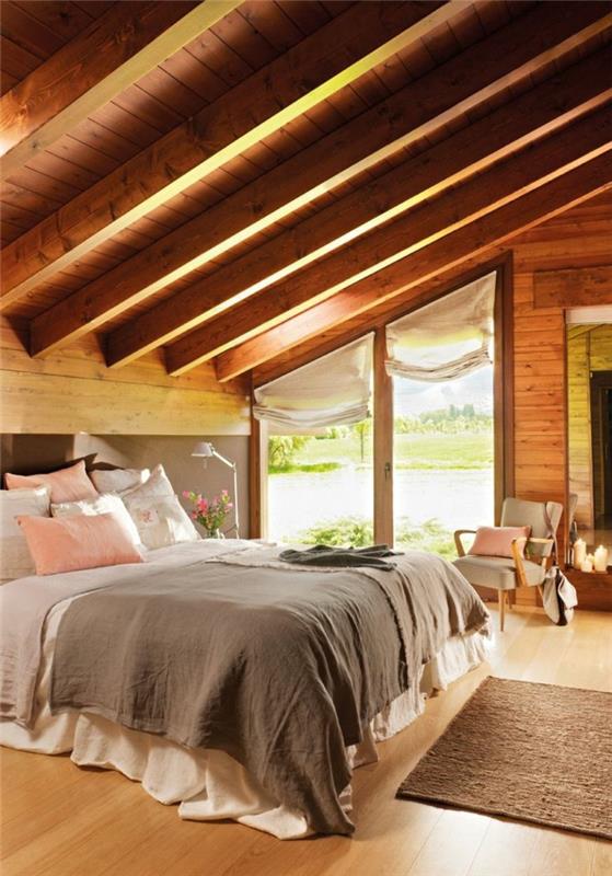 עיצוב חדר שינה ניואנסים אפורים בסגנון כפרי פתוח קורות תקרה
