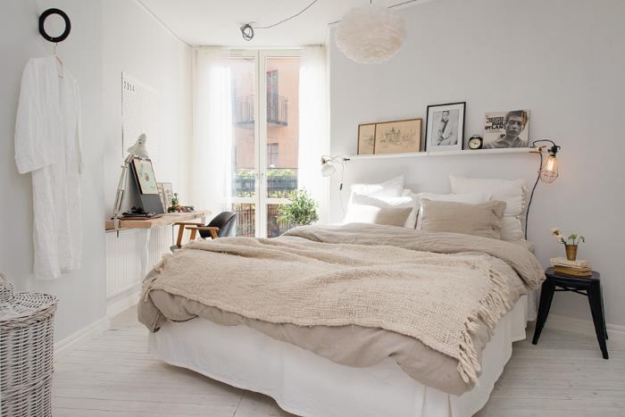 עיצוב חדר שינה צמר כיסוי מיטה בצבע בז 'לבן