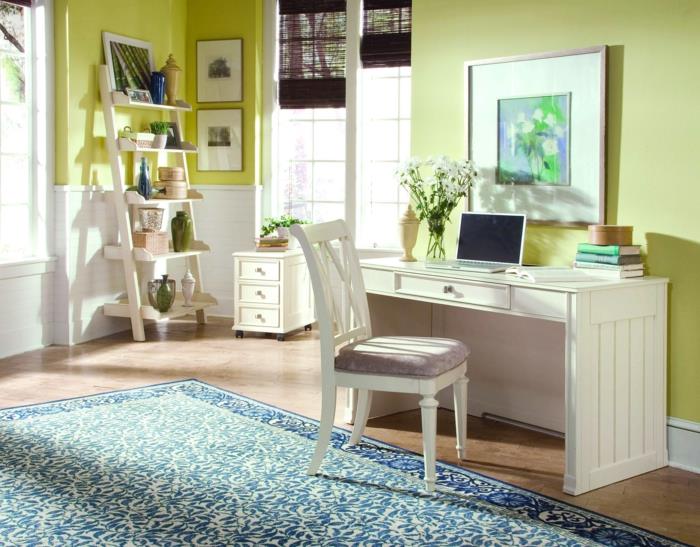 רעיונות חיים יפים שולחן לבן צבע קיר ירוק שטיח כחול