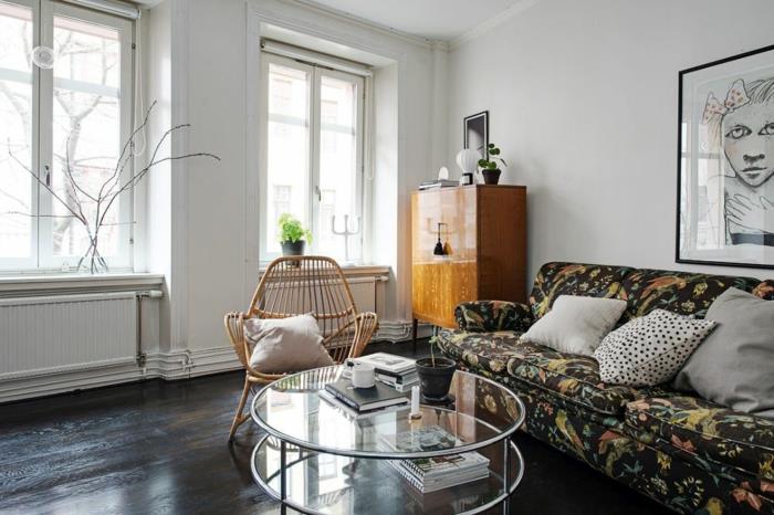 סקנדינבי מגורים דירה קטנה ספה ריהוט נורדי שולחן זכוכית עגול כיסא במבוק ארון רטרו