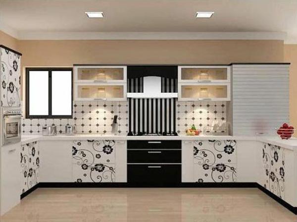 רעיונות לעיצוב מטבחים מודולאריים תבנית פרחים בשחור לבן