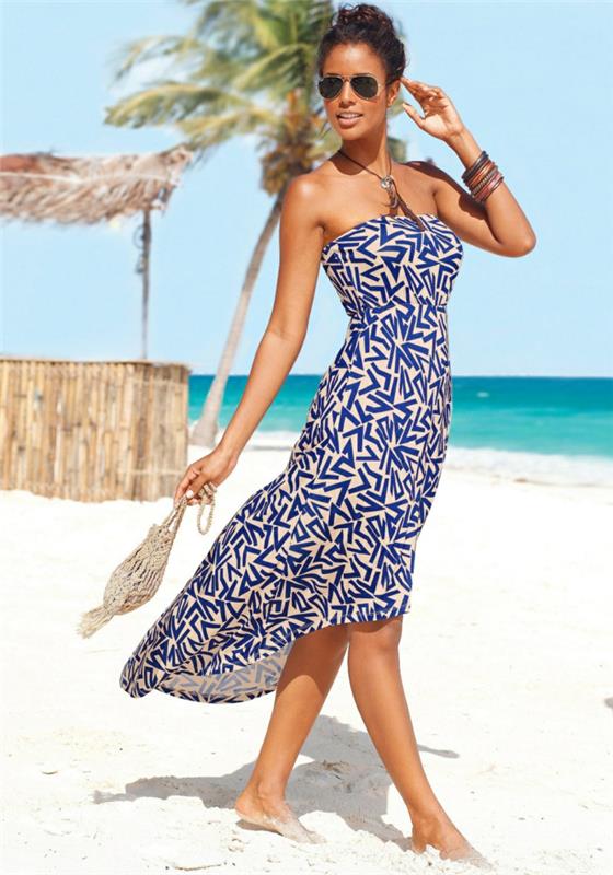 שמלת קיץ אופנת חוף שמלת חוף לאסקנה כחול לבן סימטרי