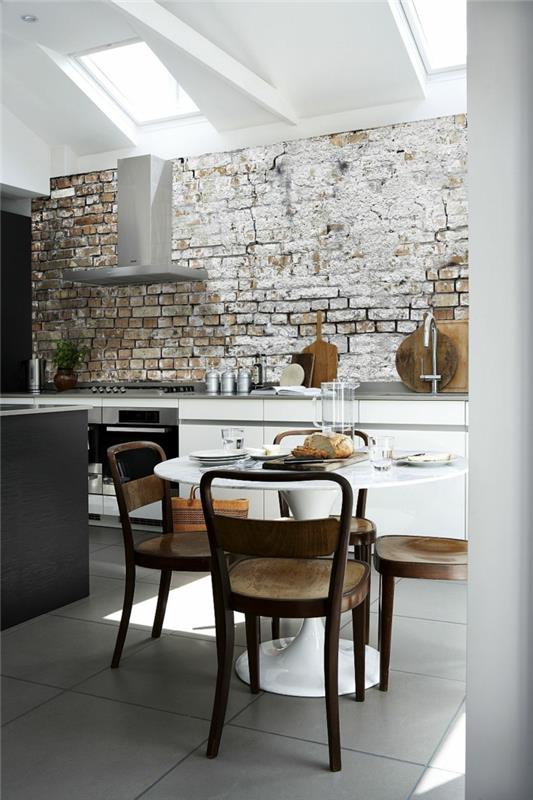 טפט דפוס מטבח קיר מודרני לבנים קיר עגול אריחי רצפת שולחן אוכל