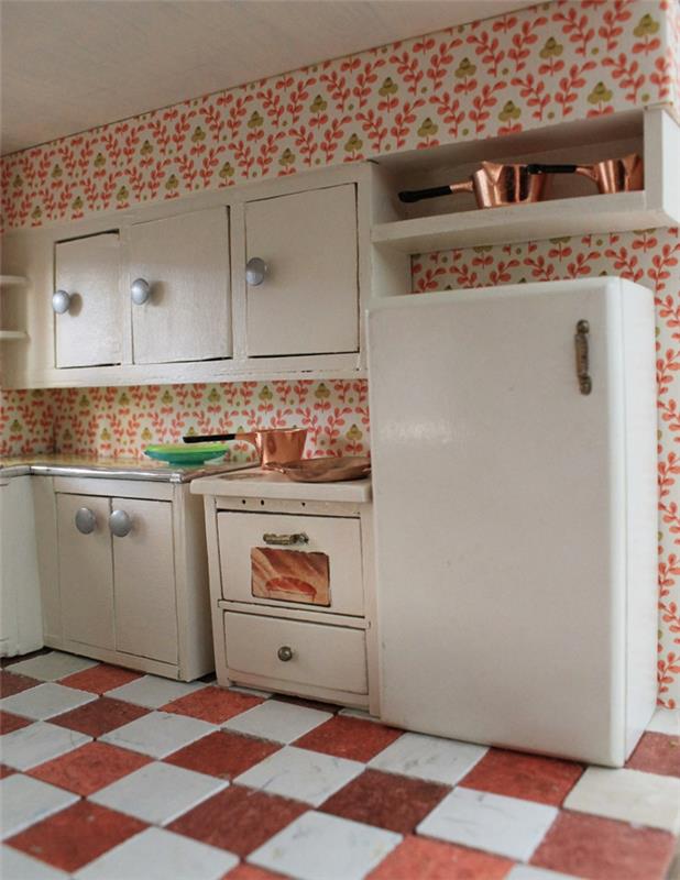 טפט דפוס עיצוב קיר מטבח ריהוט מטבח בהיר רצפה צבעונית