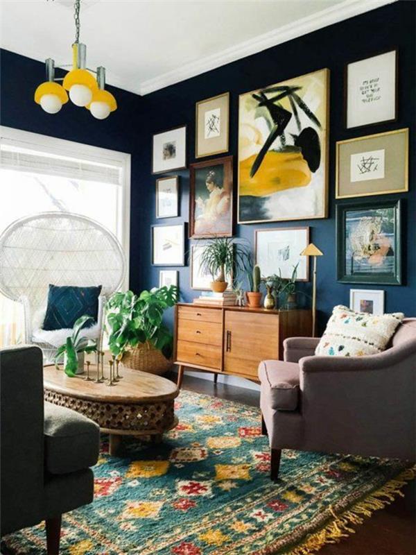 שטיח סלון צבעוני קיר קיר בצבע כחול כהה