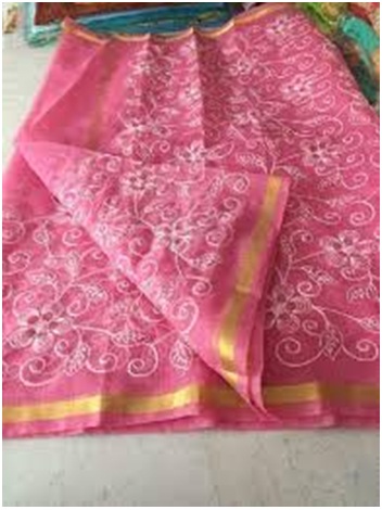 Saris de algodón Kota rosa bordados