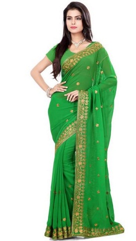 9. Sari in chiffon di colore verde puro con opere dorate
