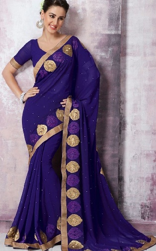 12.Semplice sari in chiffon di colore viola con bordo dorato