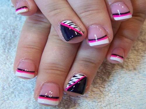 Nail art punta francese bianca con bordo rosa e nero
