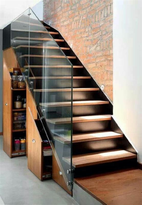 עיצוב מדרגות עיצוב מעקה זכוכית שטח אחסון מובנה בארון