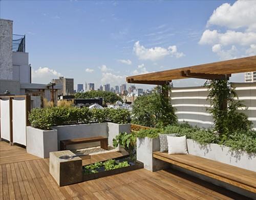 מרפסת גג עירונית צמחי רצפת עץ כריות ספסל