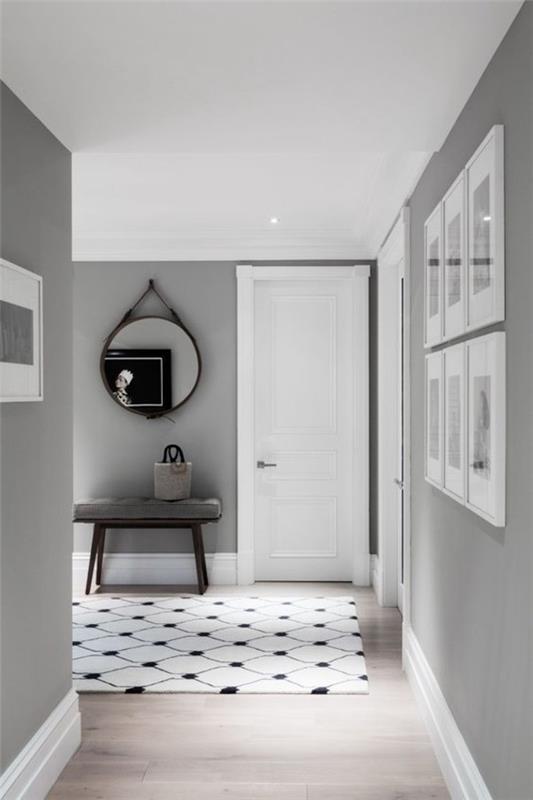צבע קיר אפור בהיר מסדרון עיצוב רעיונות שטיח אלגנטי לבן שחור