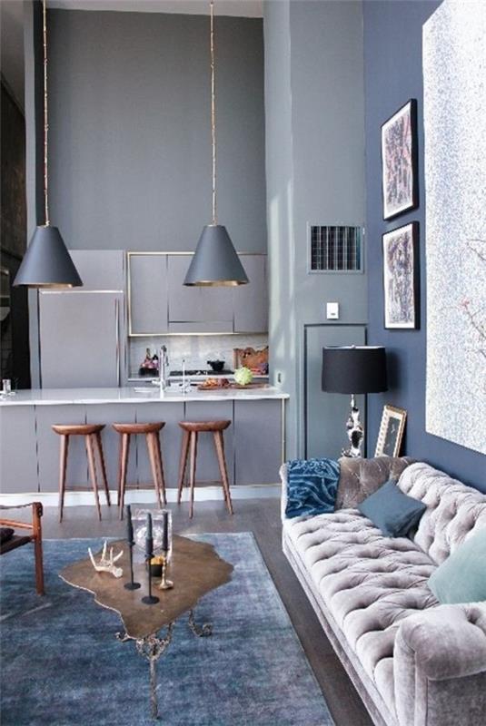 צבע קיר אפור בהיר מודרני שטיח וינטג 'שולחן קפה יוצא דופן