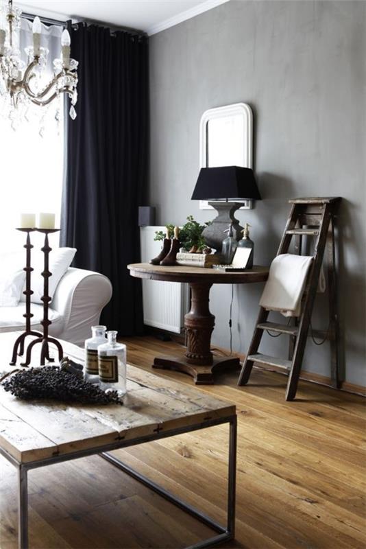 צבע קיר אפור בהיר בסלון רצפת עץ