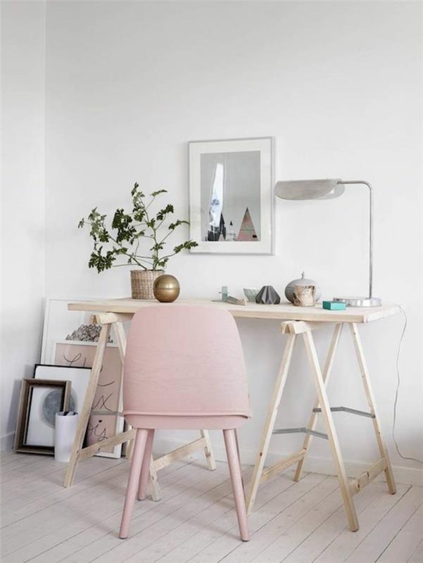 צבע קיר ורוד חדר עבודה עץ שולחן סקנדינבי