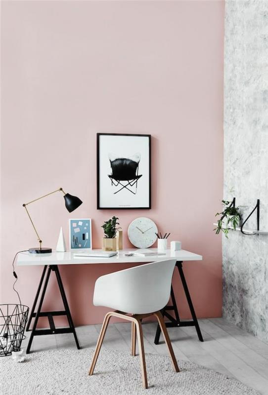 צבע קיר ורוד שולחן עבודה במשרד הביתי כסא בעיצוב סקנדינבי