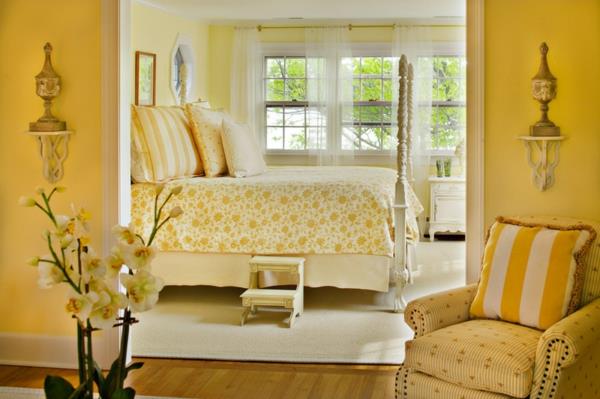 צבע קיר צהוב עיצוב חדר שינה צבע קירות דפוס מצעים