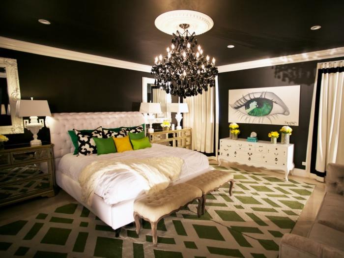 צבעי קיר רעיונות מיטה שחורה מיטה לבנה אלמנטים ירוקים