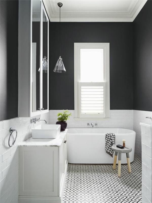עיצוב רעיונות לקיר חדר אמבטיה צבע קיר שחור צבע לבן אריחי קיר שולחן צד תליון