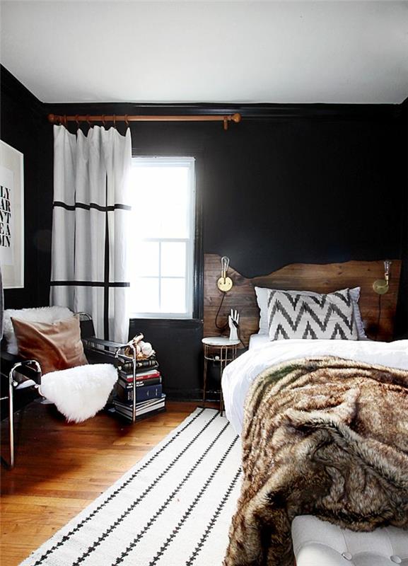 עיצוב רעיונות לקיר חדר שינה קירות שחורים מיטה כפרית מיטת שטיחים לבנה