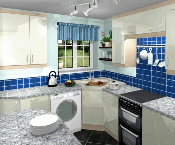 עיצוב קיר מטבח כחול אריחי קיר כחול עיוור רומני הגדרת מטבח קטן