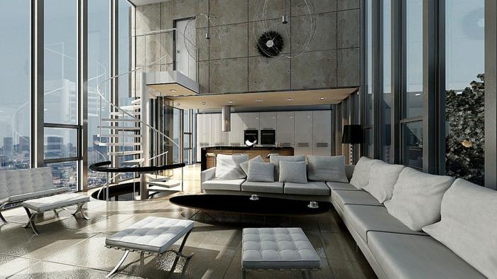 עיצוב מדרגות לולייניות עיצוב סלון אריחי רצפה חלון פנורמה
