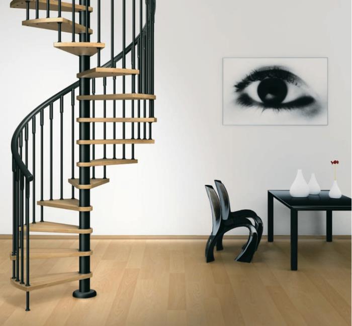 מדרגות לולייניות desig מדרגות עץ מעקה מתכת שחורה