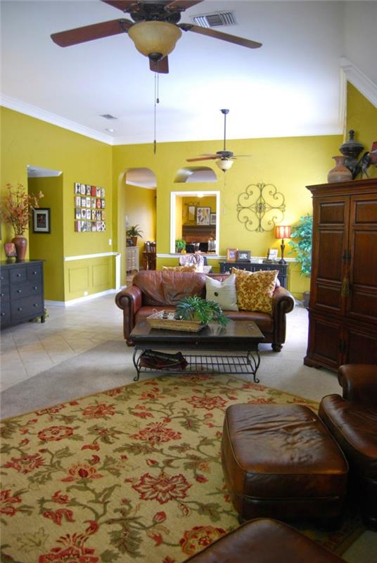 ציור קירות רעיונות צבע קיר צהוב סלון דפוס שטיח פרחוני
