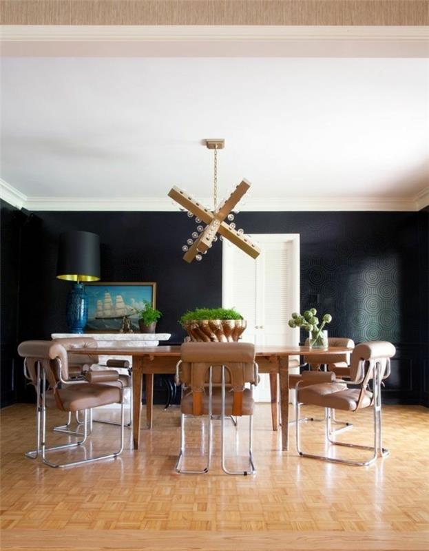 רעיונות מגורים חדר אוכל נברשת מרשימה מנוגדת יפה לצבע הקיר השחור