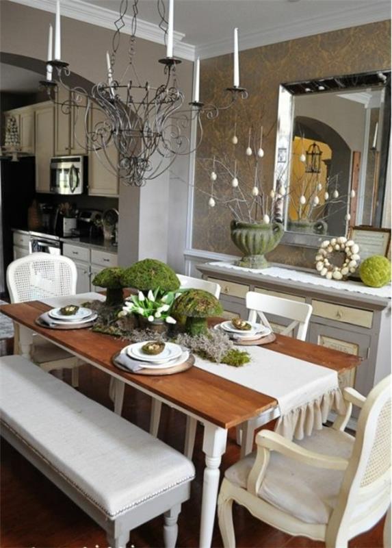 עיצוב חדר אוכל שולחן עץ כסאות לבנים מראה ספסל