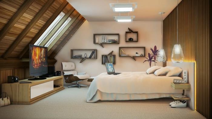 רעיונות מגורים חדר שינה תקרות משופעות מדפי קיר מגניבים אורות תליון