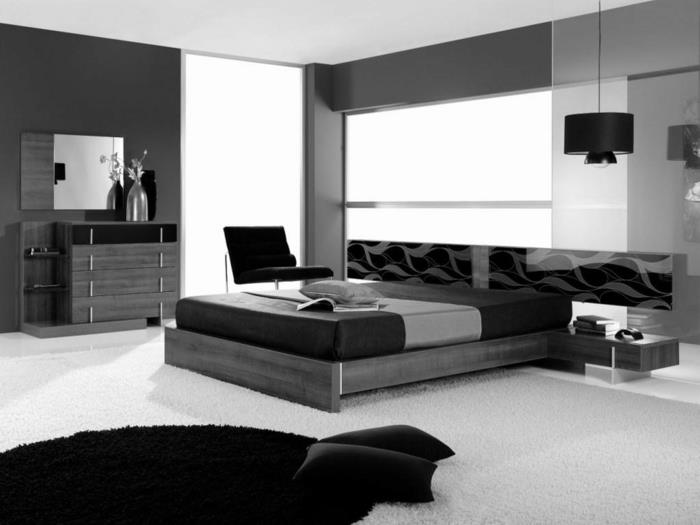 רעיונות חיים חדר שינה שחור לבן קירות כהים מראות קיר שטיח בהיר