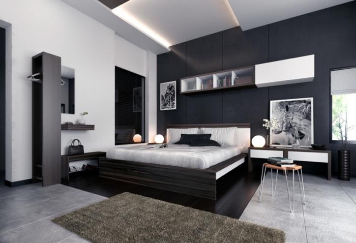 רעיונות מגורים חדר שינה שטיחים שחורים לבנים מאירים קירות לבנים קיר מבטא שחור