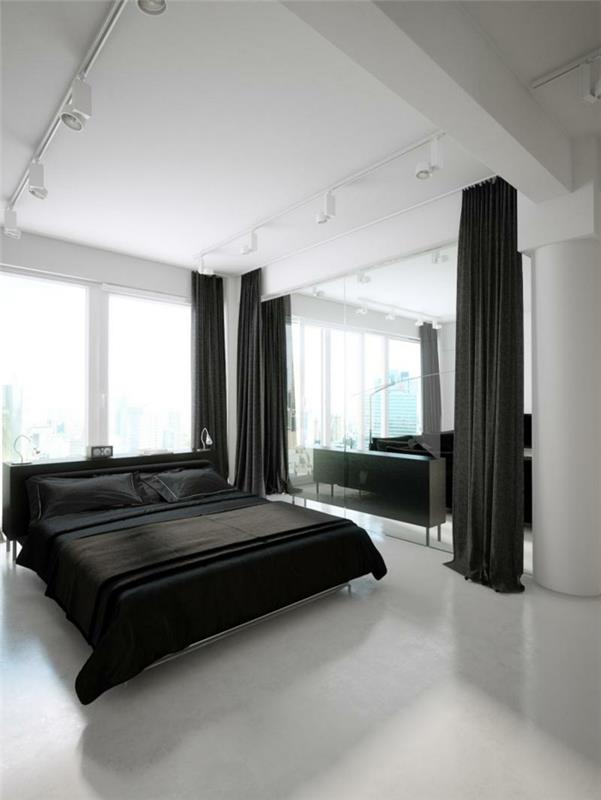בית רעיונות בית שינה וילונות מיטה שחורה מראה רצפה לבנה
