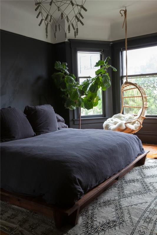 סלון רעיונות חדר שינה קירות שחורים צמח דפוס שטיח